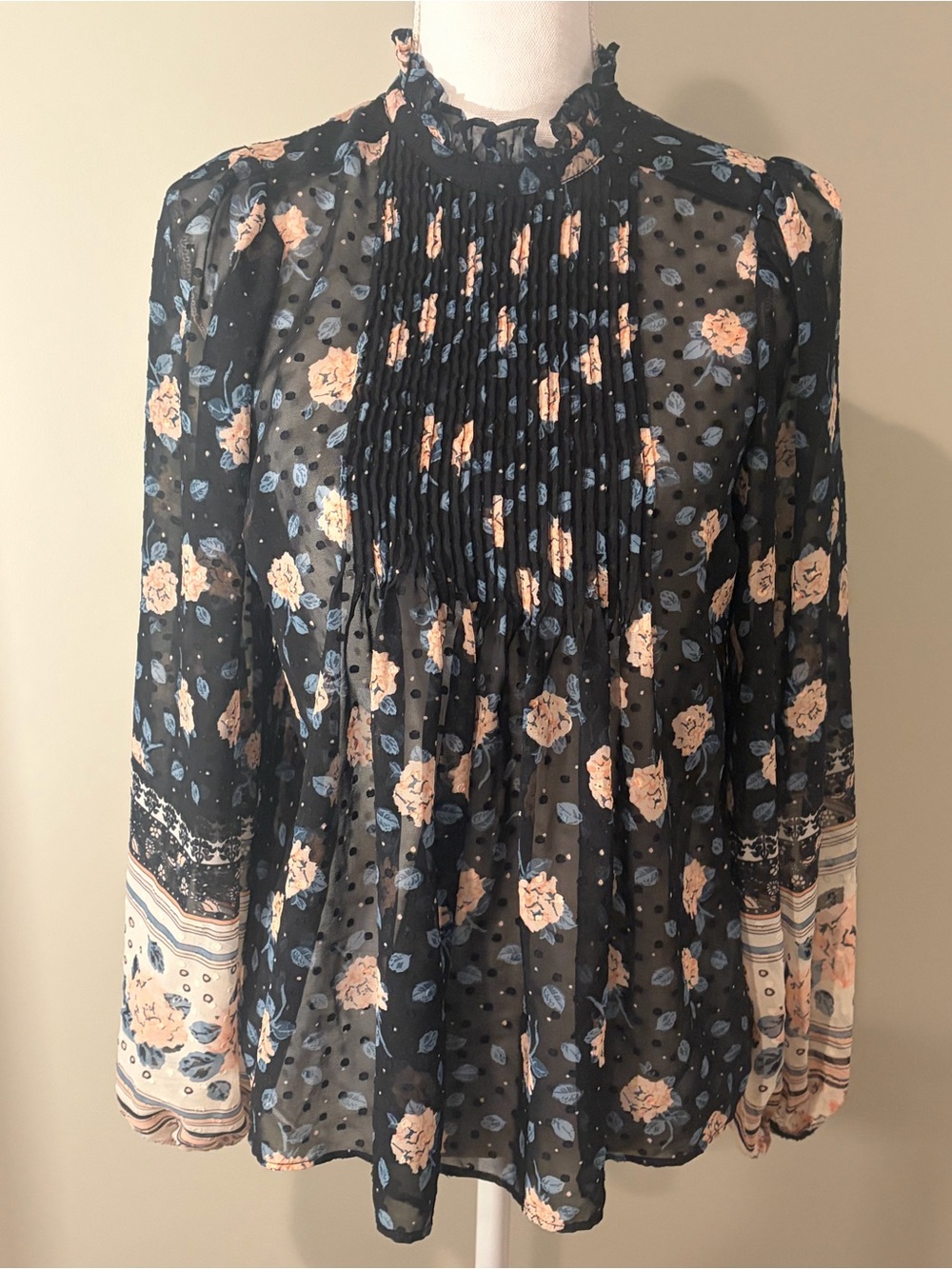 Renuar Blue Sheer Floral Pleated Mock Neck Blouse - Small